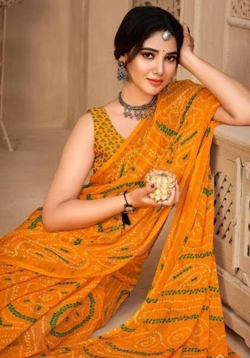 Graphic Print, Printed Bollywood Chiffon, Georgette Saree (Yellow)