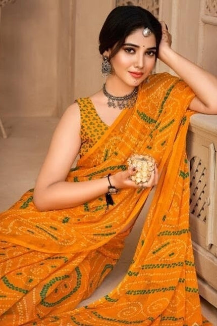 Graphic Print, Printed Bollywood Chiffon, Georgette Saree (Yellow)