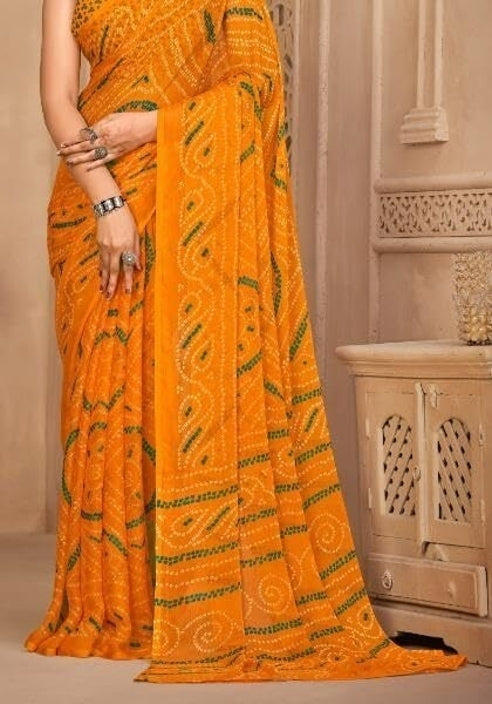 Graphic Print, Printed Bollywood Chiffon, Georgette Saree (Yellow)