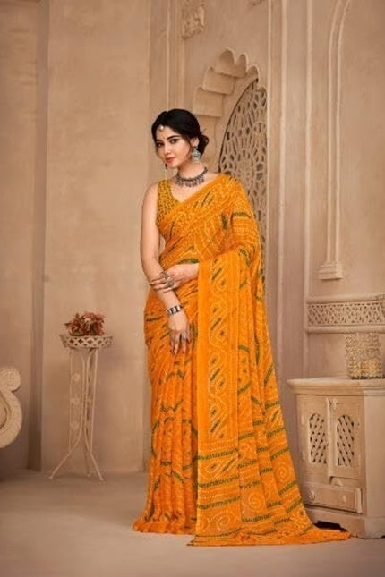 Graphic Print, Printed Bollywood Chiffon, Georgette Saree (Yellow)