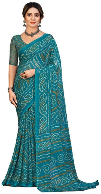 Graphic Print, Printed Bollywood Chiffon, Georgette Saree (Blue)