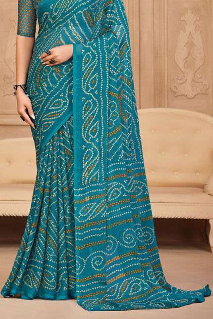 Graphic Print, Printed Bollywood Chiffon, Georgette Saree (Blue)