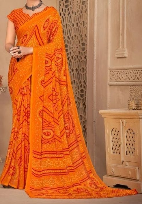 Georgette Bandhani Print Saree Festive Ethnic Wear with Blouse Piece (Orange)