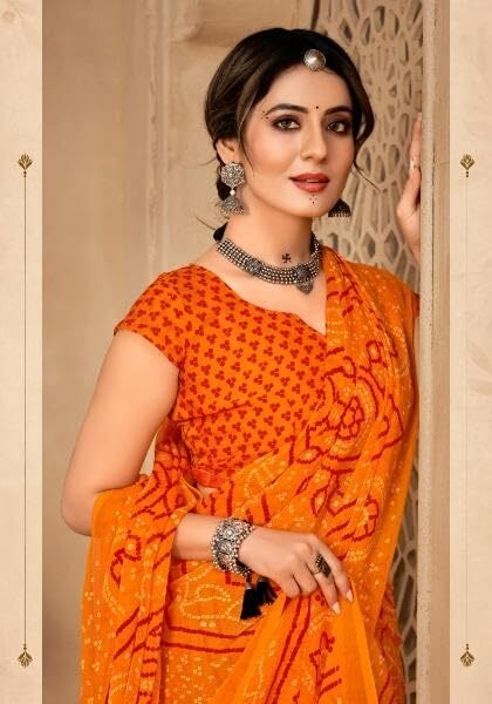 Georgette Bandhani Print Saree Festive Ethnic Wear with Blouse Piece (Orange)