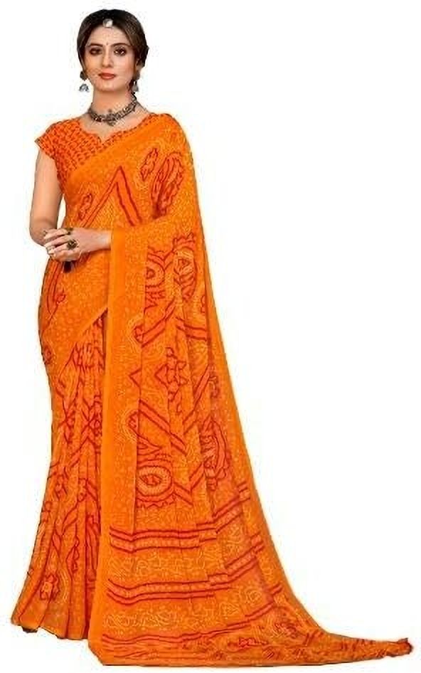 Georgette Bandhani Print Saree Festive Ethnic Wear with Blouse Piece (Orange)
