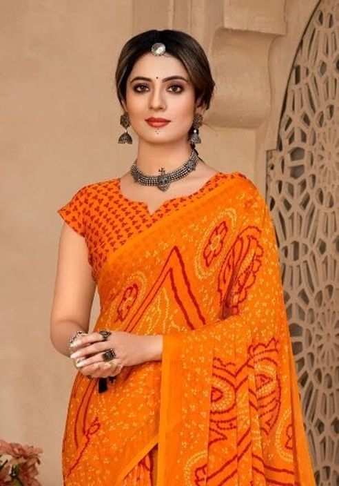 Georgette Bandhani Print Saree Festive Ethnic Wear with Blouse Piece (Orange)