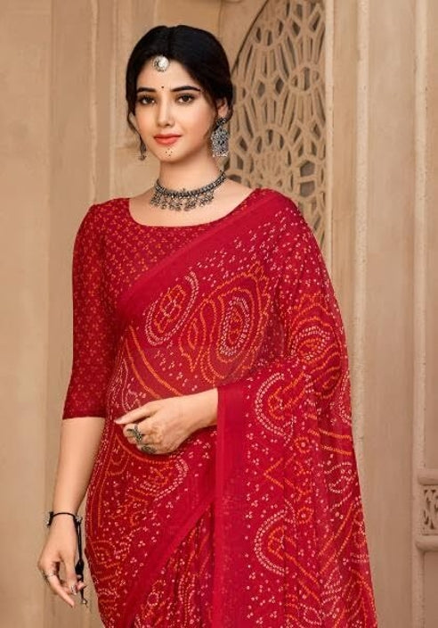 Graphic Print, Printed Bollywood Chiffon, Georgette Saree (Red)
