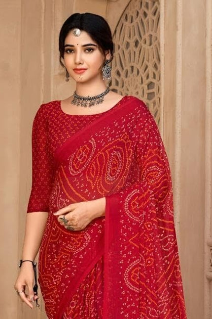 Graphic Print, Printed Bollywood Chiffon, Georgette Saree (Red)