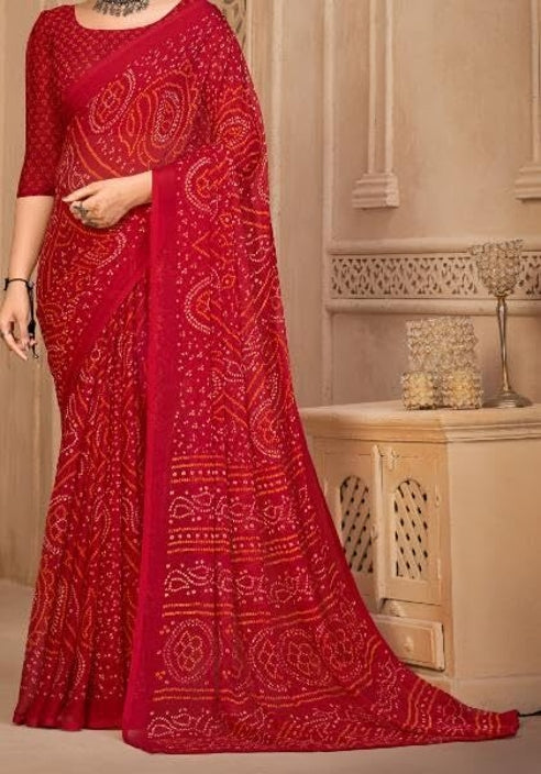 Graphic Print, Printed Bollywood Chiffon, Georgette Saree (Red)