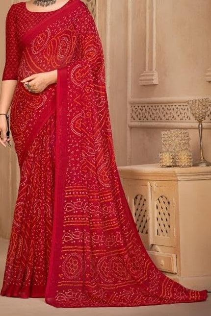Graphic Print, Printed Bollywood Chiffon, Georgette Saree (Red)