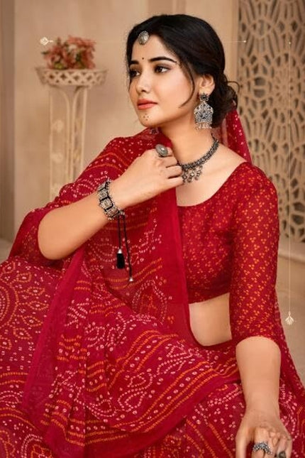 Graphic Print, Printed Bollywood Chiffon, Georgette Saree (Red)