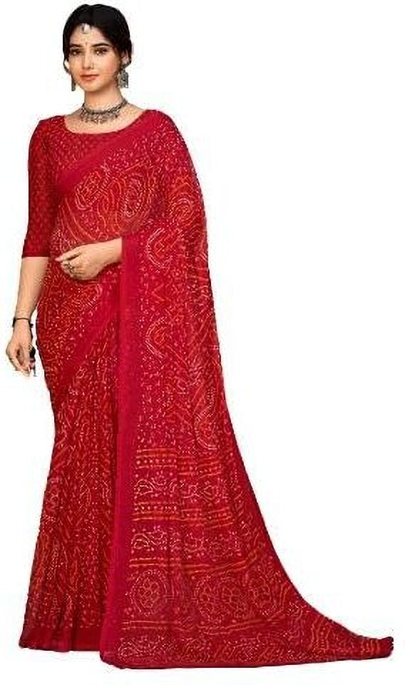 Graphic Print, Printed Bollywood Chiffon, Georgette Saree (Red)