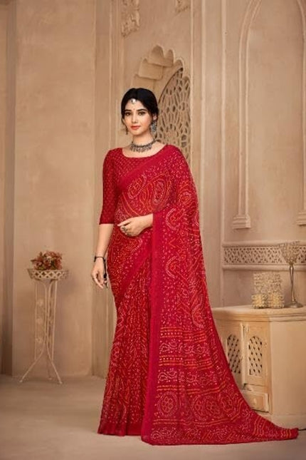 Graphic Print, Printed Bollywood Chiffon, Georgette Saree (Red)