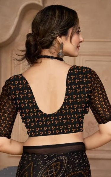 Graphic Print, Printed Bandhani Chiffon, Georgette Saree (Black)