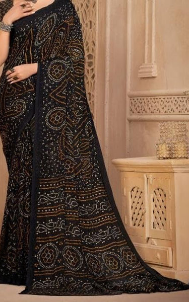 Graphic Print, Printed Bandhani Chiffon, Georgette Saree (Black)