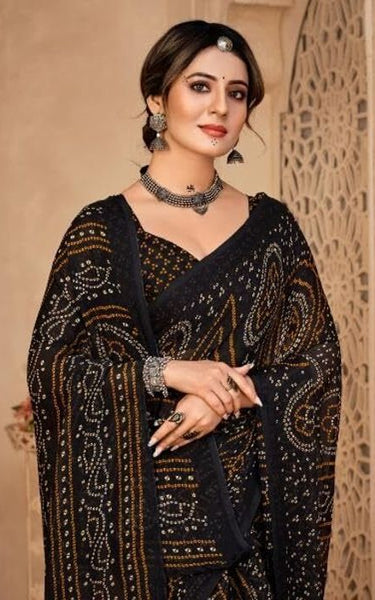 Graphic Print, Printed Bandhani Chiffon, Georgette Saree (Black)