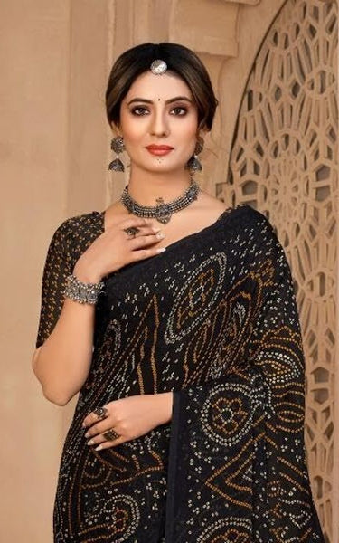 Graphic Print, Printed Bandhani Chiffon, Georgette Saree (Black)