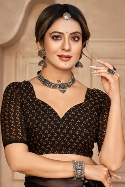 Graphic Print, Printed Bollywood Chiffon, Georgette Saree (Black)