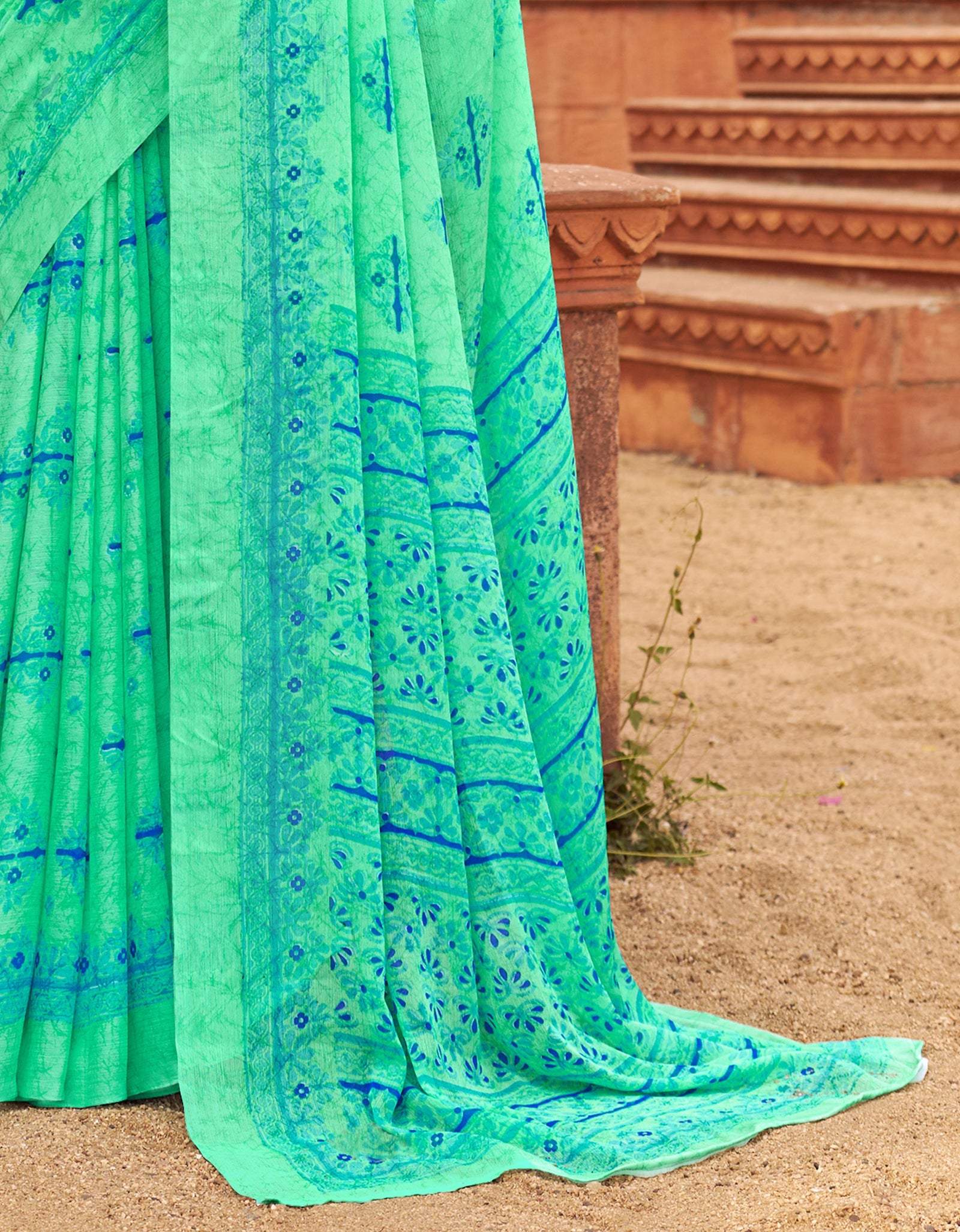 Floral Print Daily Wear Chiffon Saree (Sea green)