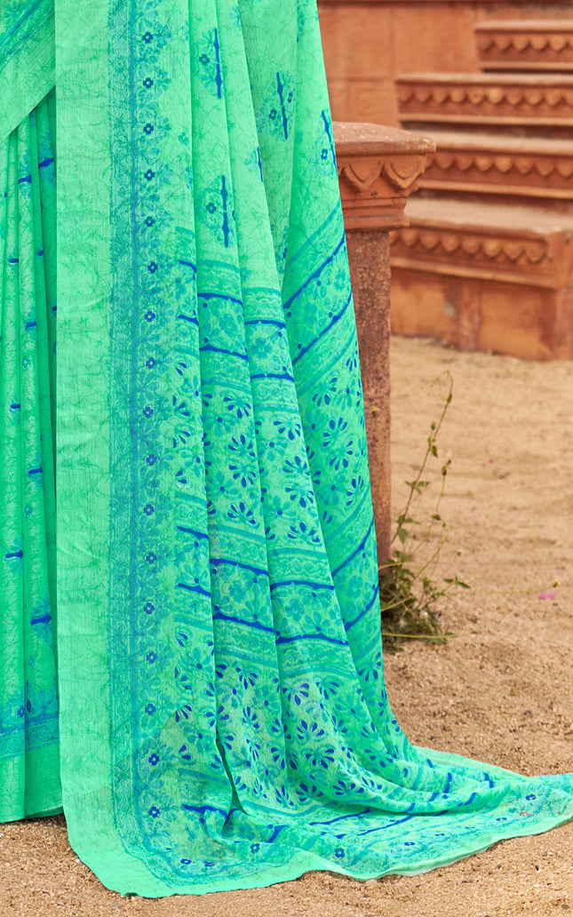 Floral Print Daily Wear Chiffon Saree (Green)