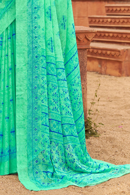 Floral Print Daily Wear Chiffon Saree (Green)