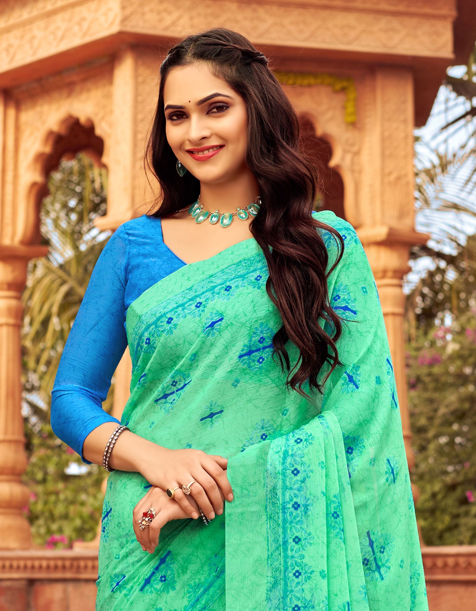 Floral Print Daily Wear Chiffon Saree (Sea green)