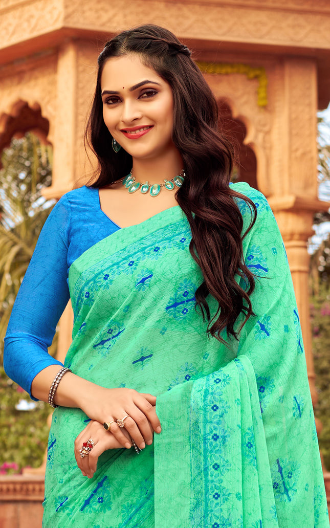 Floral Print Daily Wear Chiffon Saree (Green)