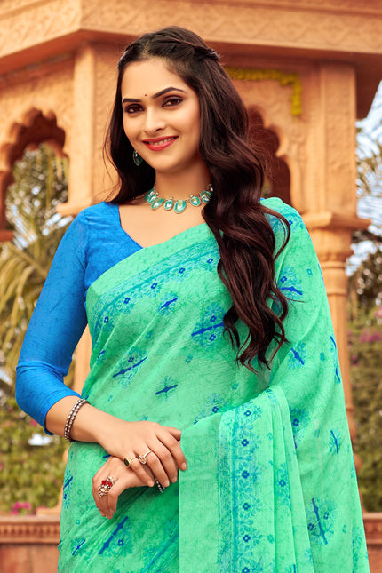 Floral Print Daily Wear Chiffon Saree (Green)