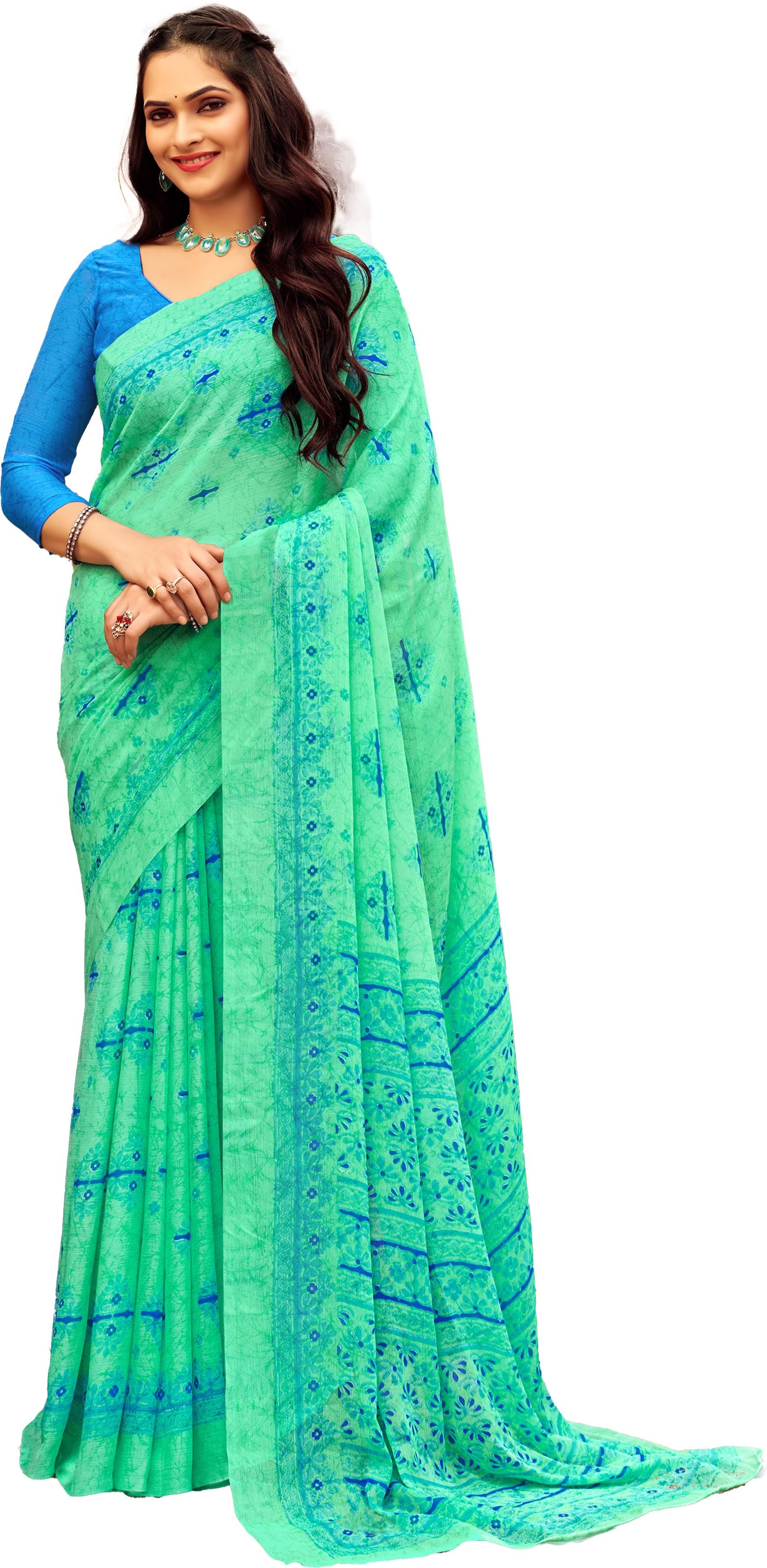 Floral Print Daily Wear Chiffon Saree (Sea green)