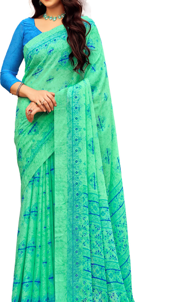 Floral Print Daily Wear Chiffon Saree (Green)