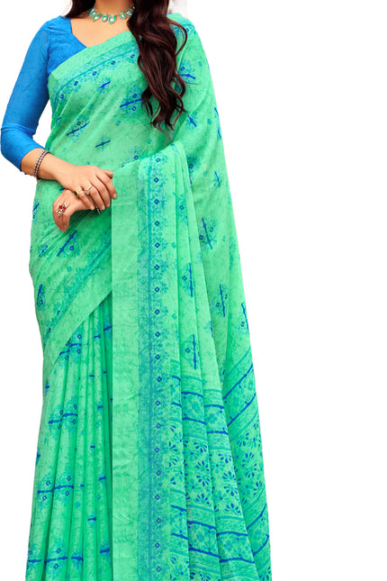 Floral Print Daily Wear Chiffon Saree (Green)