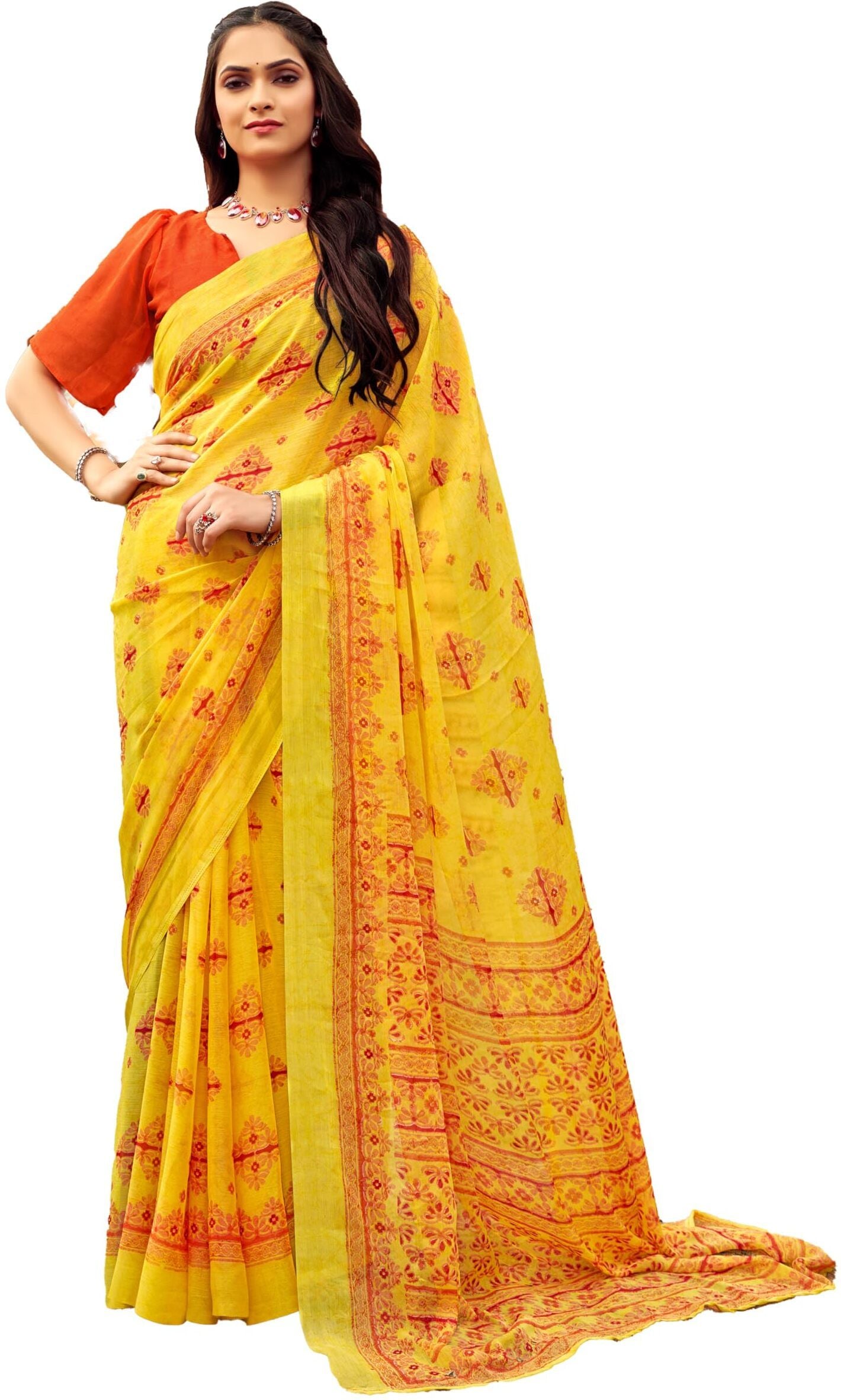 Floral Print Daily Wear Chiffon Saree (Yellow)