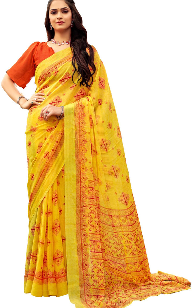 Floral Print Daily Wear Chiffon Saree (Mustard & Yellow)