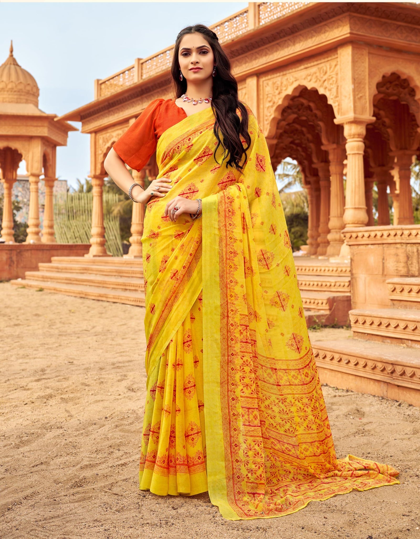 Floral Print Daily Wear Chiffon Saree (Yellow)