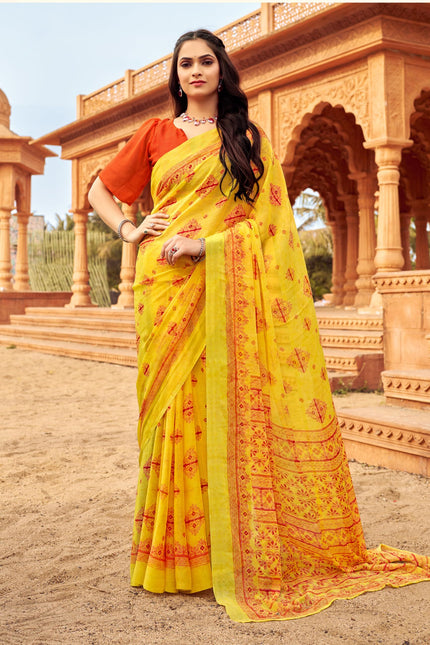 Floral Print Daily Wear Chiffon Saree (Mustard & Yellow)