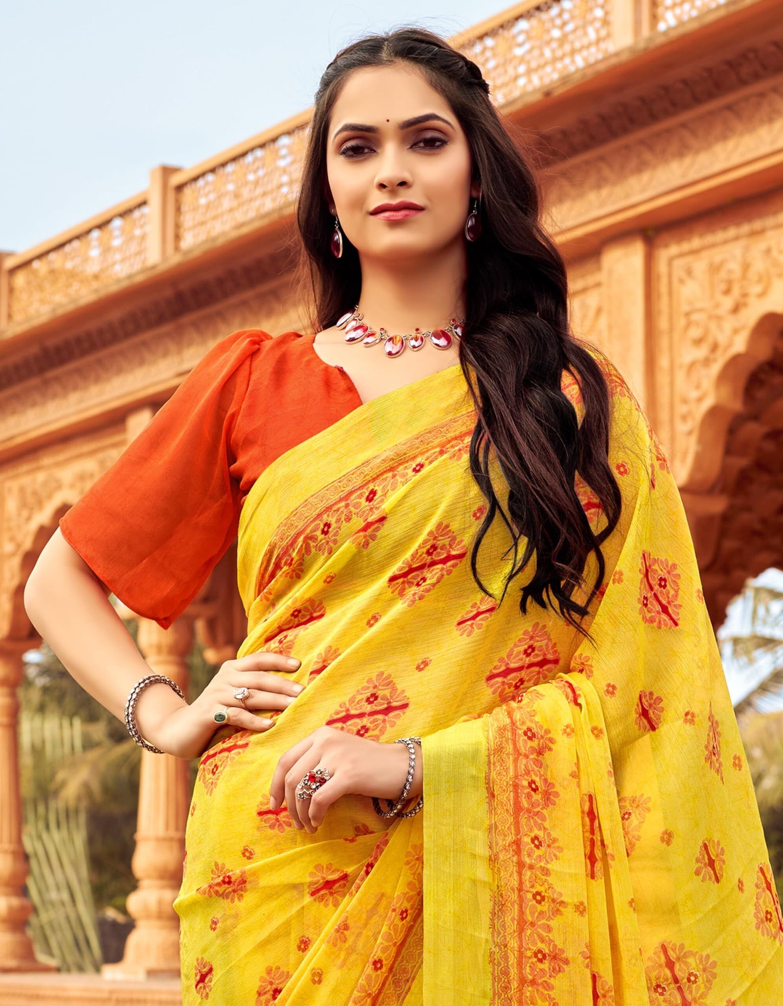 Floral Print Daily Wear Chiffon Saree (Yellow)