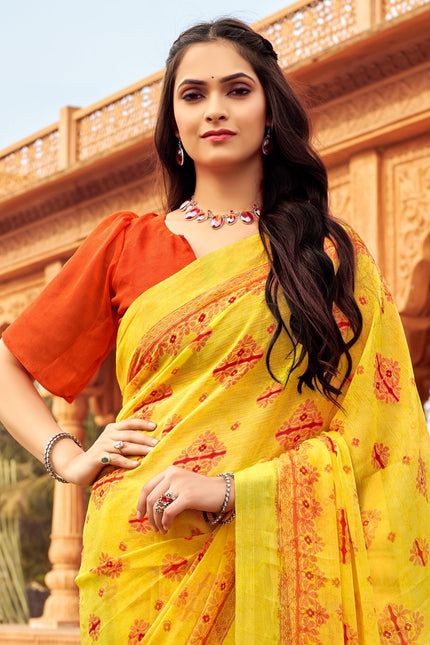 Floral Print Daily Wear Chiffon Saree (Mustard & Yellow)