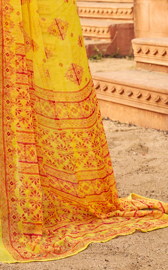 Floral Print Daily Wear Chiffon Saree (Mustard & Yellow)