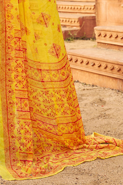 Floral Print Daily Wear Chiffon Saree (Mustard & Yellow)
