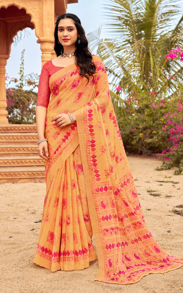 Floral Print Daily Wear Chiffon Saree (Mustard & Yellow)