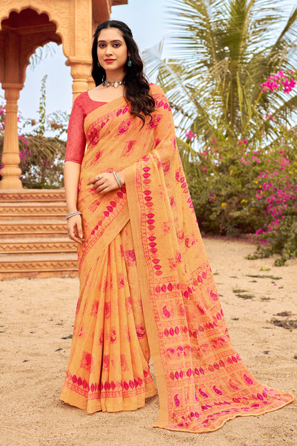 Floral Print Daily Wear Chiffon Saree (Mustard & Yellow)