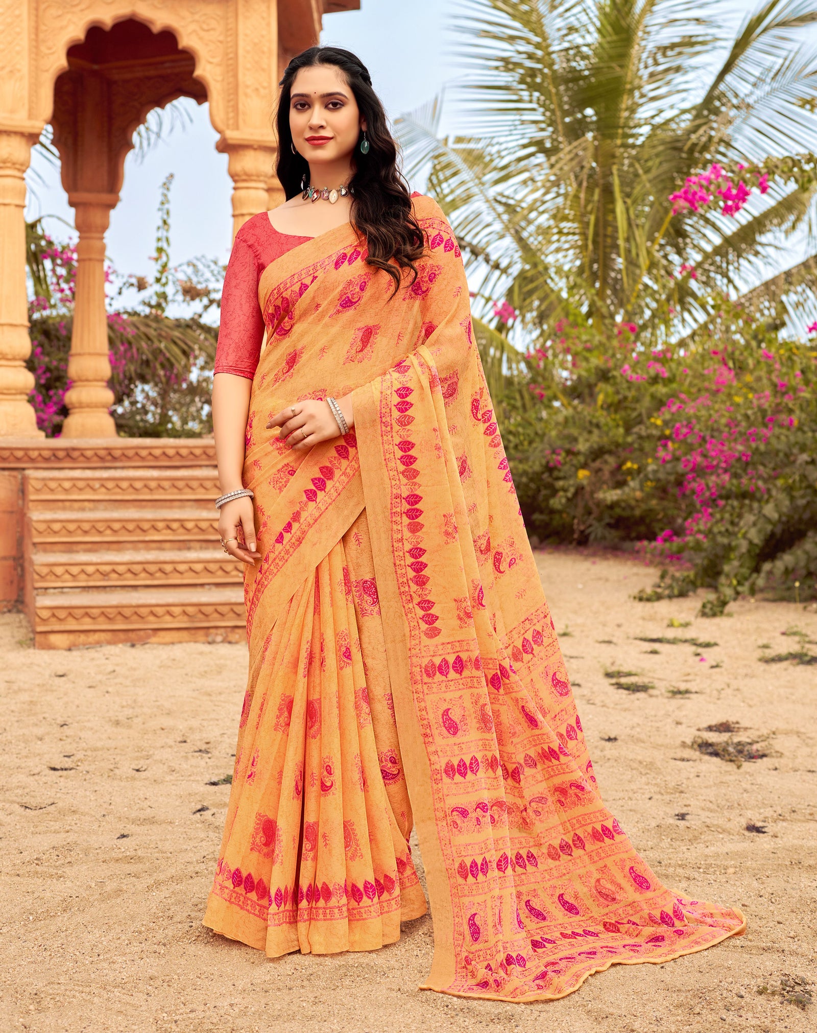 Floral Print Daily Wear Chiffon Saree (Light Orange)