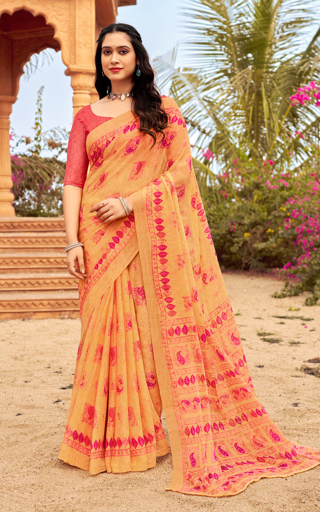 Floral Print Daily Wear Chiffon Saree (Orange)