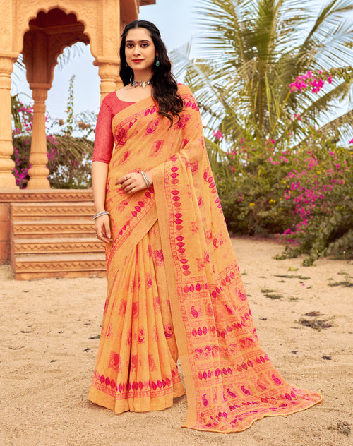 Floral Print Daily Wear Chiffon Saree (Light Orange)