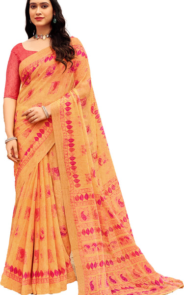Floral Print Daily Wear Chiffon Saree (Mustard & Yellow)