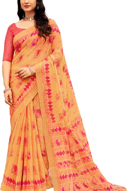 Floral Print Daily Wear Chiffon Saree (Mustard & Yellow)