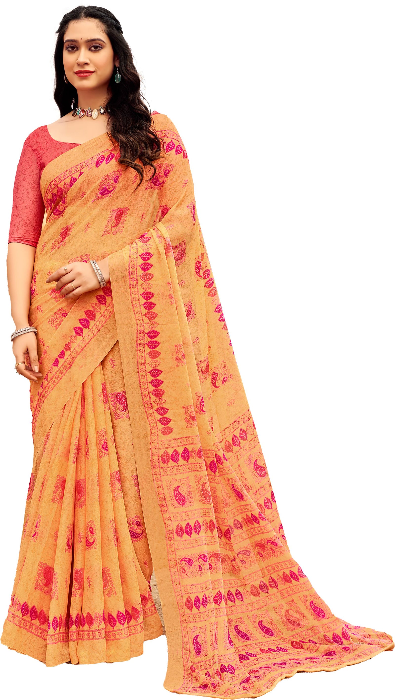 Floral Print Daily Wear Chiffon Saree (Light Orange)
