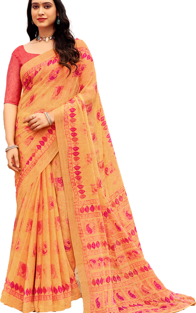 Floral Print Daily Wear Chiffon Saree (Orange)