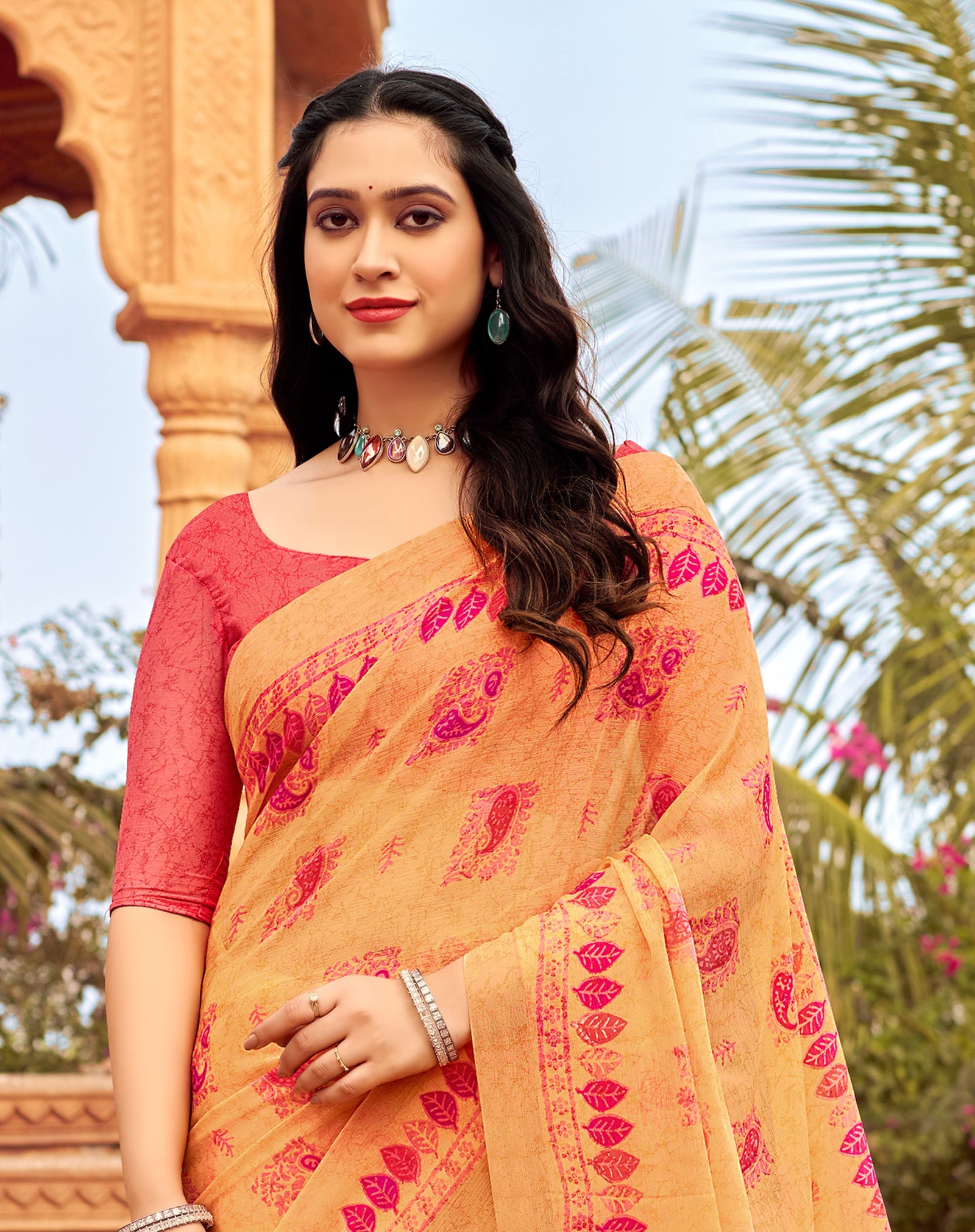 Floral Print Daily Wear Chiffon Saree (Light Orange)