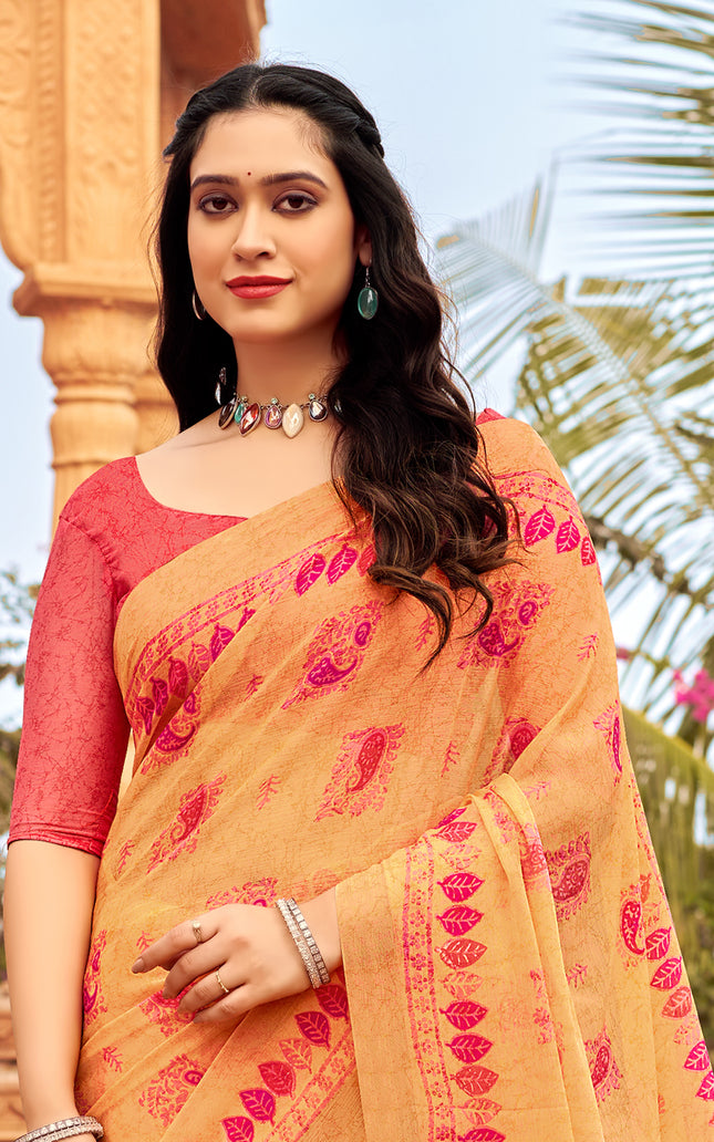 Floral Print Daily Wear Chiffon Saree (Orange)